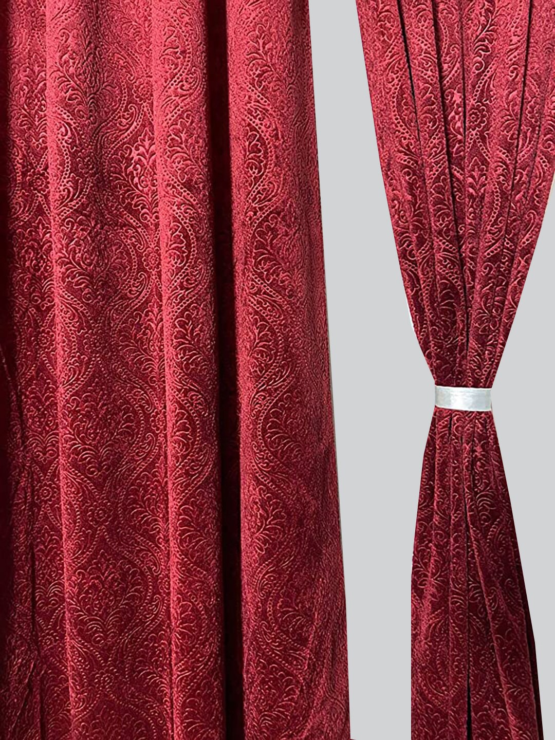 

RAASO Set of 2 Velvet Embossed Damask Solid Blackout Long Door Curtains, Maroon