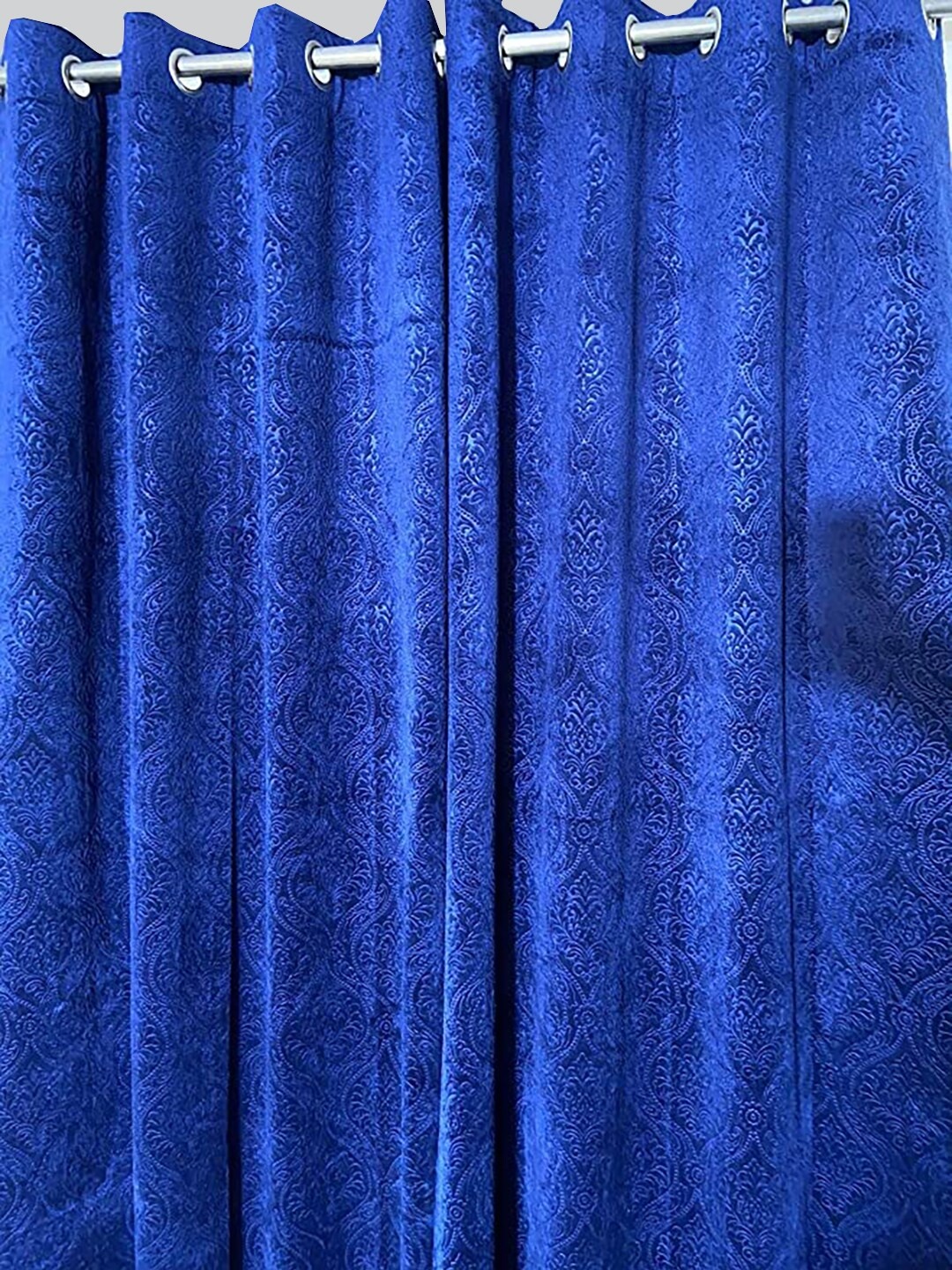 

RAASO Navy Blue Velvet Embossed Damask Solid Blackout Long Door Curtains 9 Feet - Set of 2