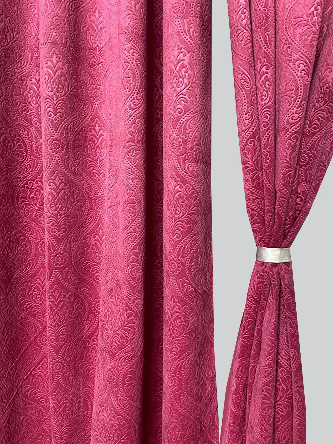 

RAASO Set of 2 Velvet Embossed Damask Solid Blackout Long Door Curtains, Pink