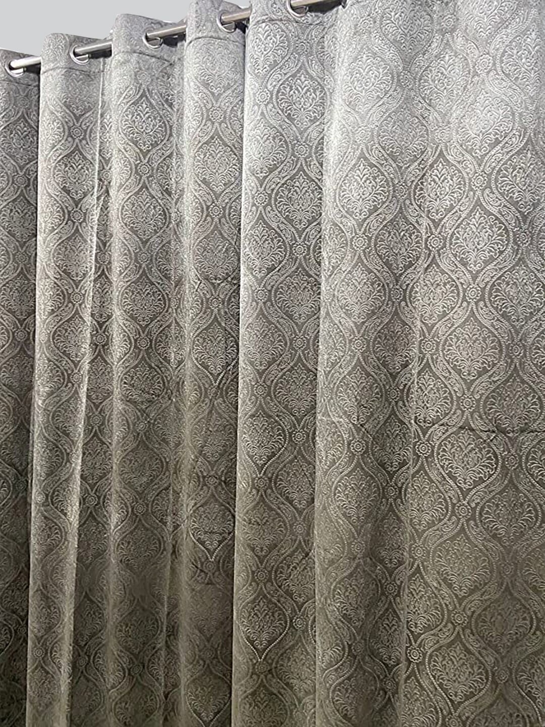 

RAASO Grey Velvet Embossed Damask Solid Blackout Long Door Curtains