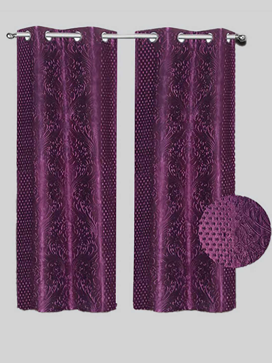 

RAASO Set of 2 Purple Embossed Damask Solid Blackout Window Curtains