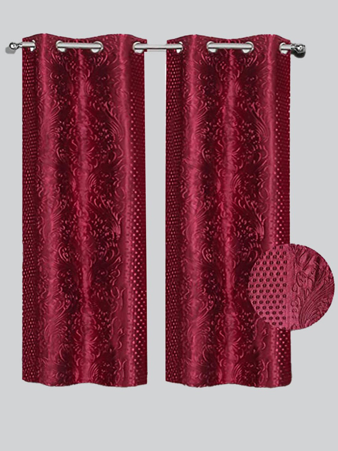

RAASO Set of 2 Embossed Damask Solid Blackout Long Door Curtains, Maroon