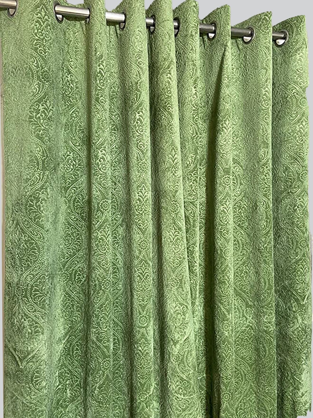 

RAASO Set Of 2 Green Velvet Embossed Damask Solid Blackout Long Door Curtains