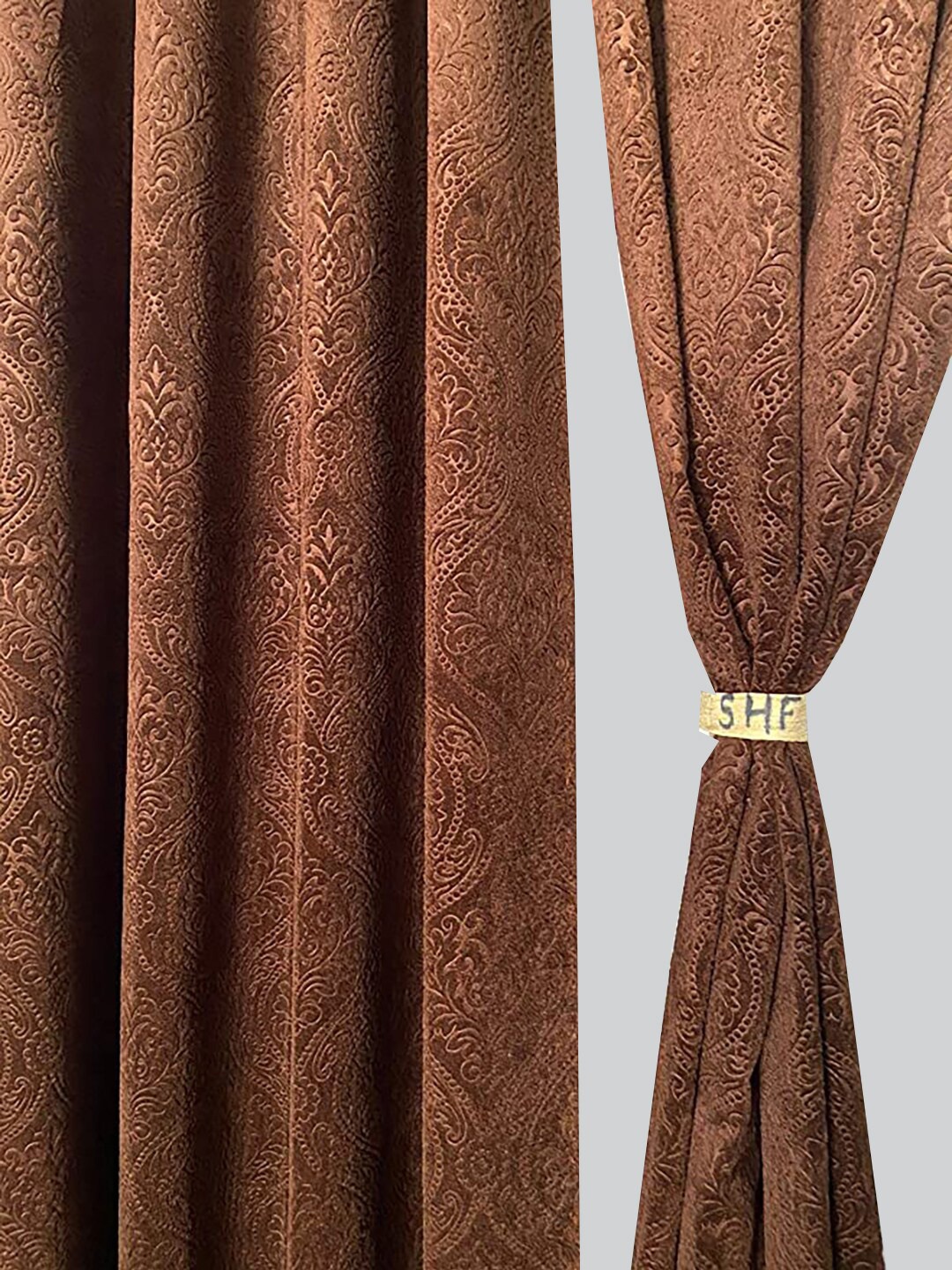 

RAASO Brown Velvet Embossed Damask Solid Blackout Door Curtains 7 Feet - Set of 2