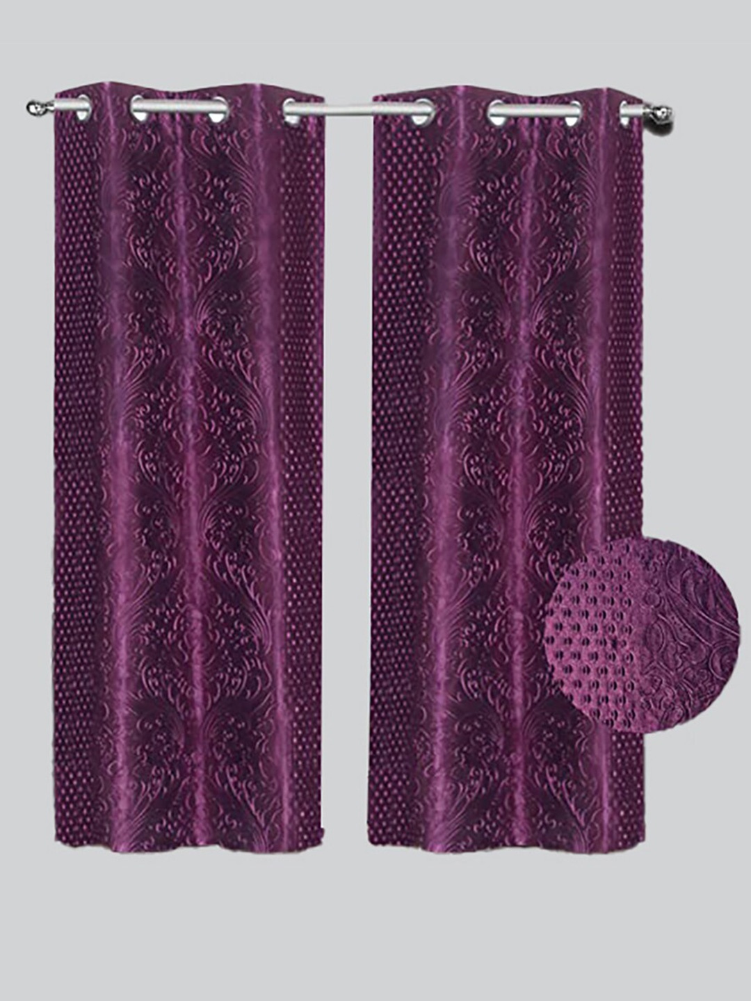 

RAASO Set of 2 Embossed Damask Solid Blackout Long Door Curtains, Purple
