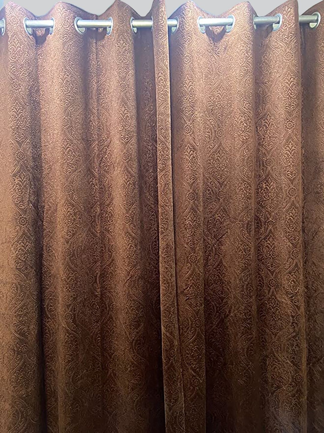 

RAASO Set of 2 Velvet Embossed Damask Solid Blackout Long Door Curtains, Brown