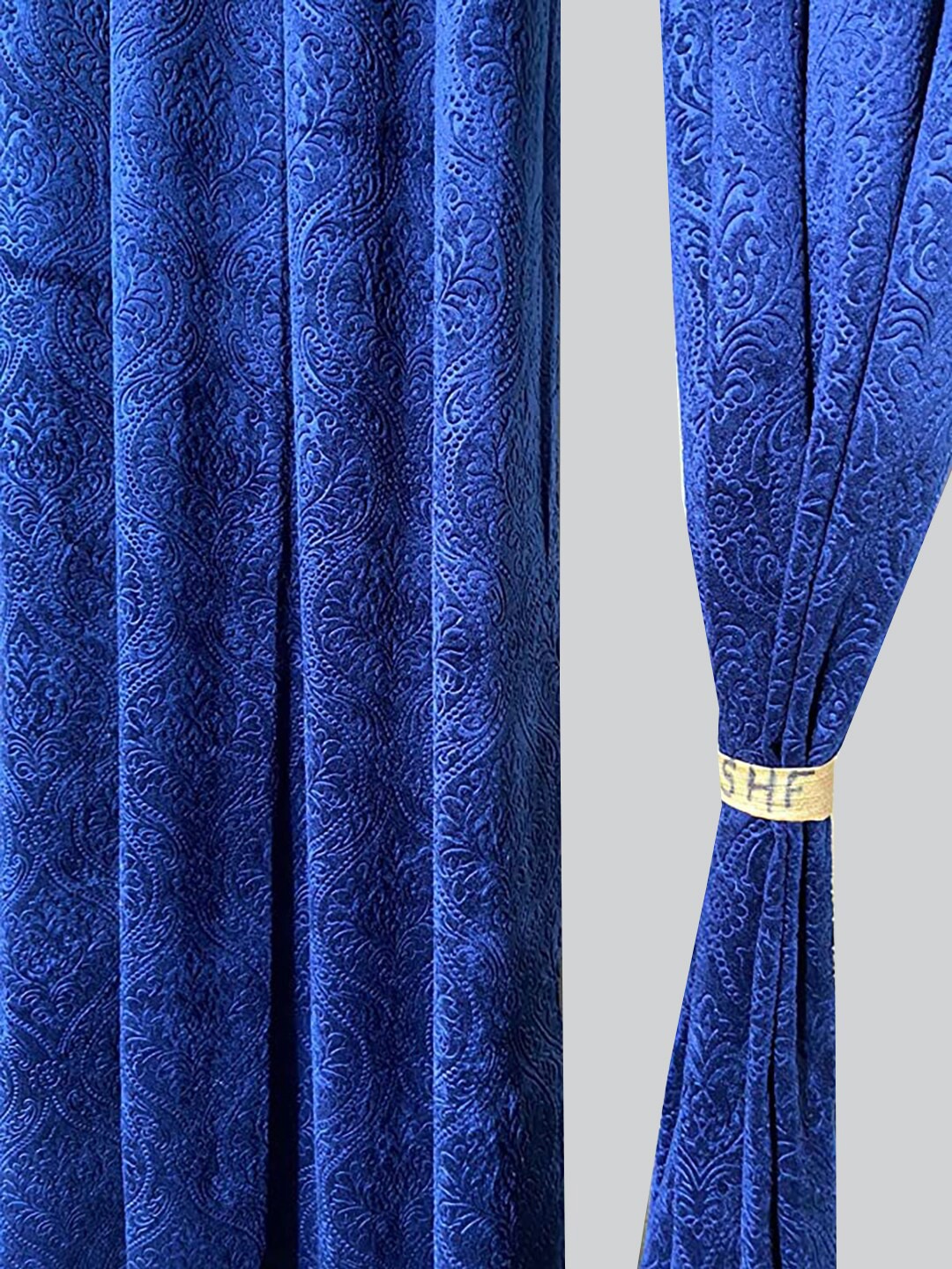 

RAASO Navy Blue Velvet Embossed Damask Solid Blackout Window Curtains 5 Feet - Set of 2