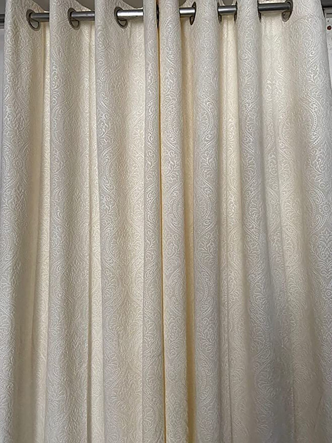 

RAASO Cream Velvet Embossed Damask Solid Blackout Door Curtains 7 Feet - Set of 2