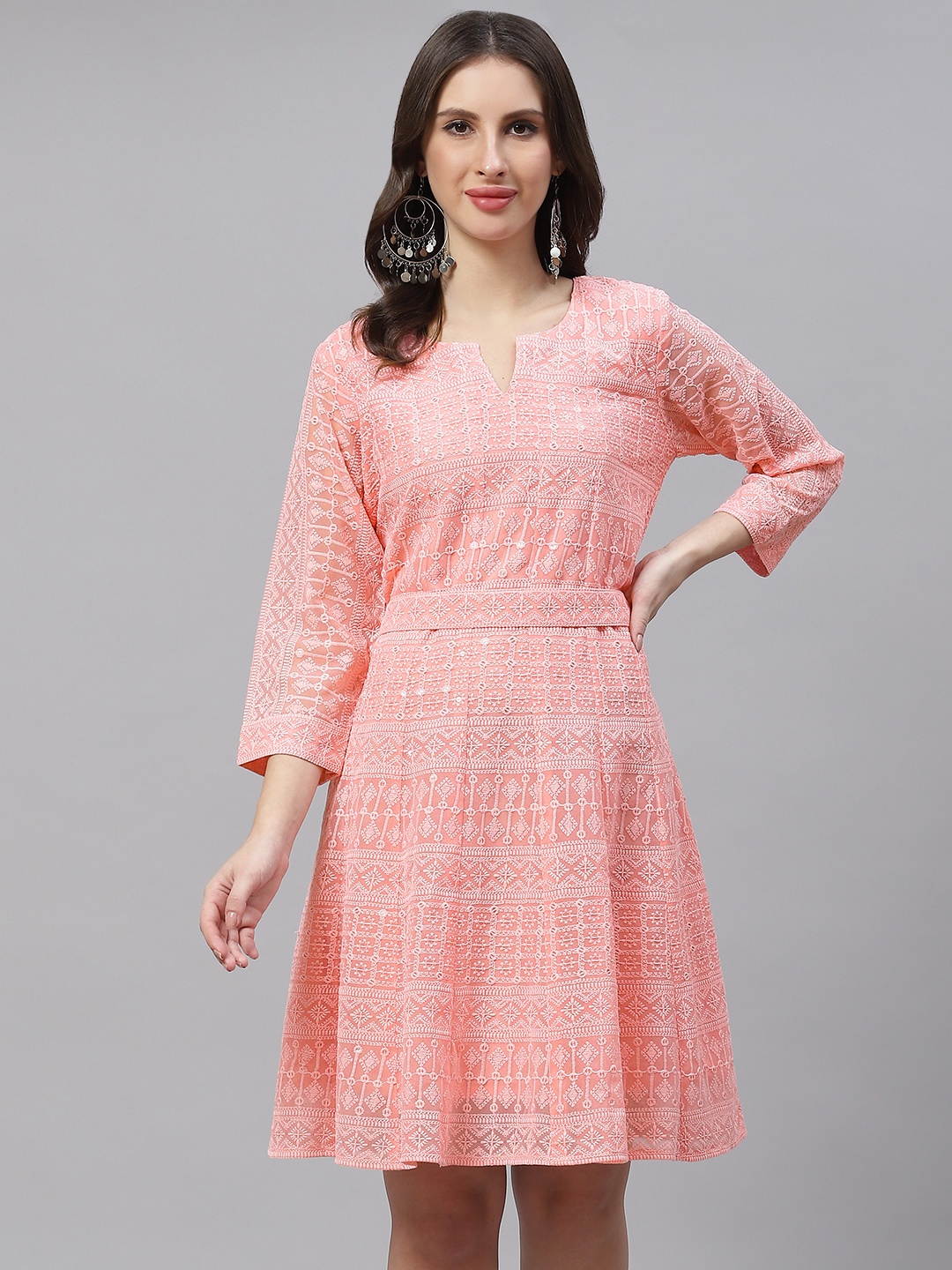 

ZOLA Women Peach-Coloured Pure Georgette Chikankari A-line Dress With Belt