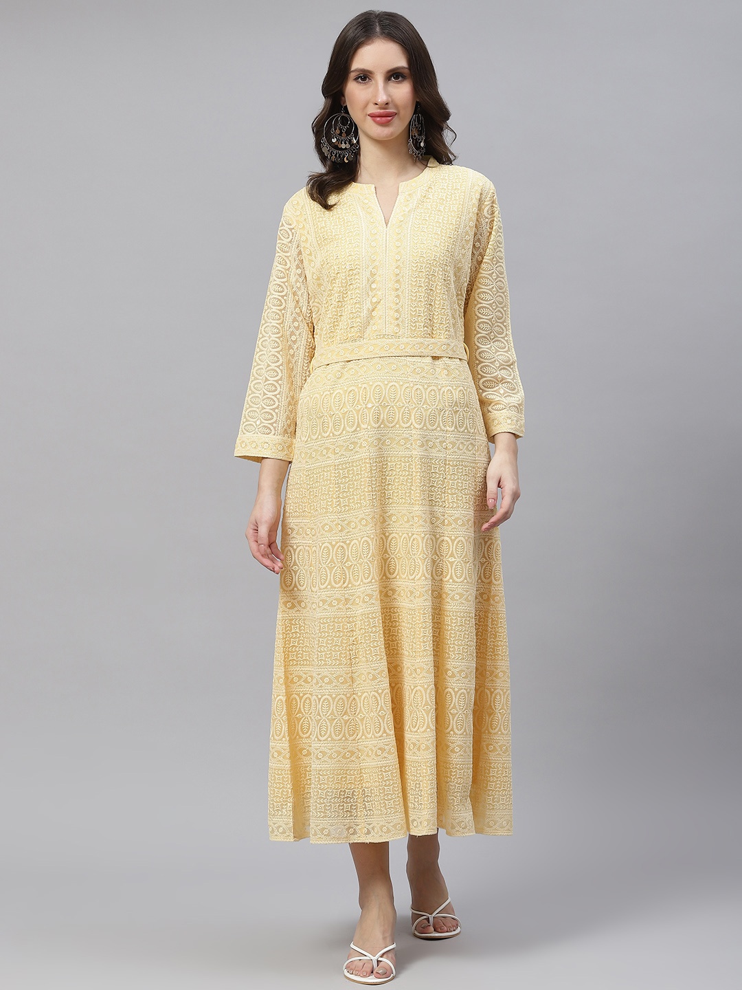 

ZOLA Women Yellow Pure Georgette Chikankari A-line Ethnic Dress With Belt