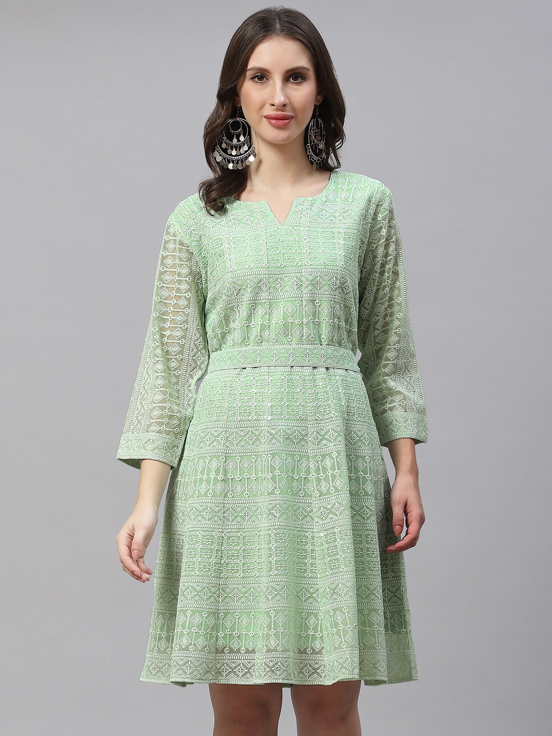 

ZOLA Women Green Pure Georgette Chikankari A-line Dress With Belt