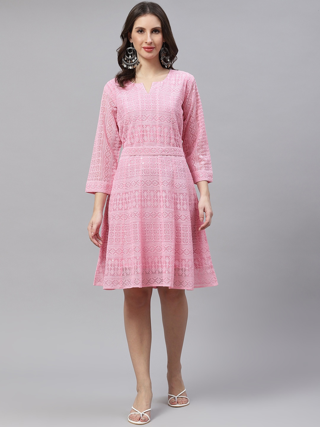 

ZOLA Women Pink Pure Georgette Chikankari A-line Ethnic Dress With Belt