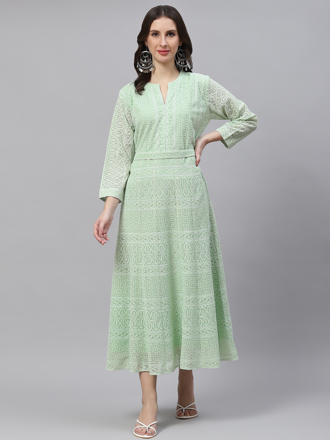 

ZOLA Women Green Pure Georgette Chikankari A-line Dress With Belt