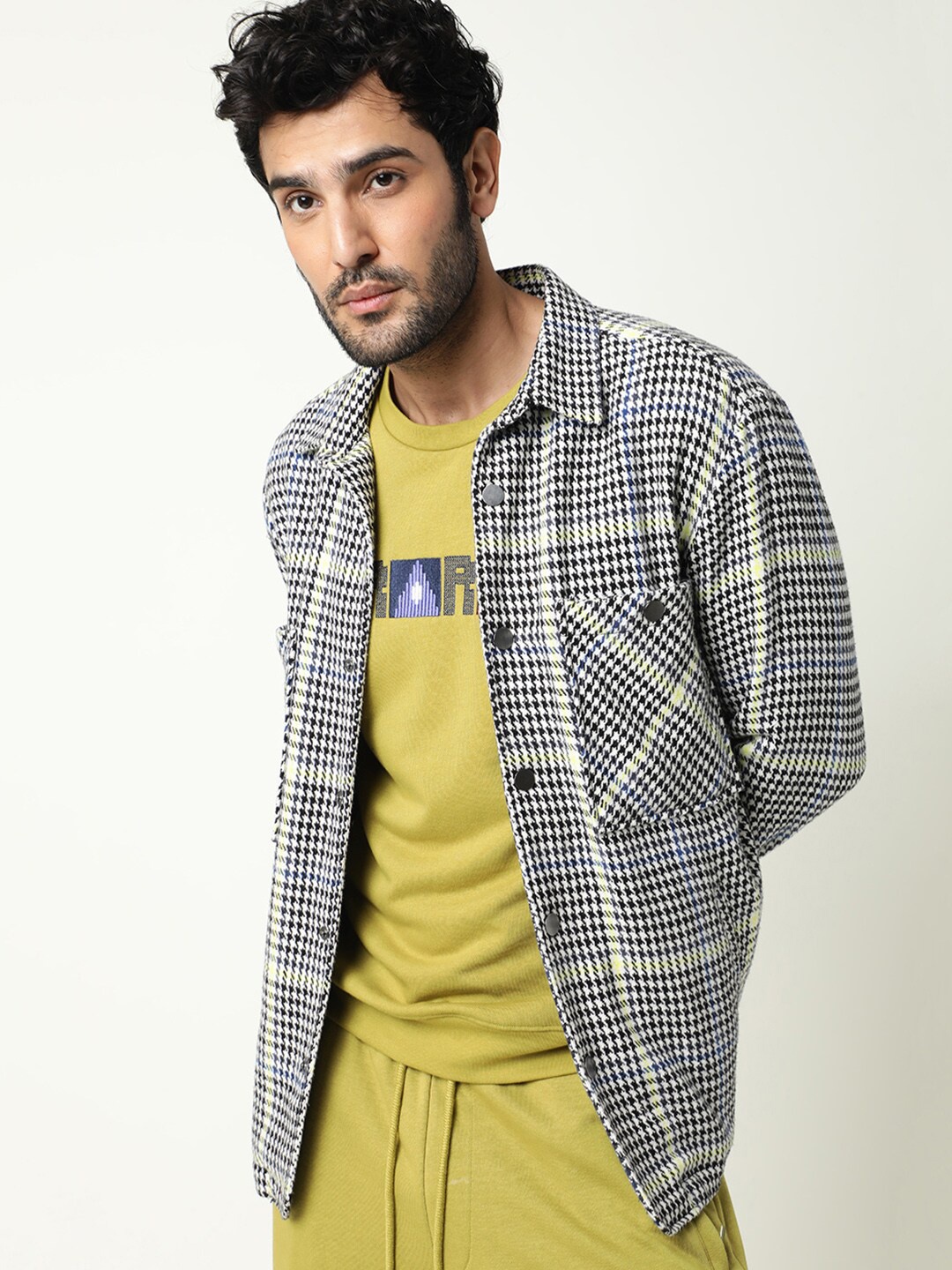 

RARE RABBIT Men Compton Slim Fit Checked Longline Open Front Jacket, Black