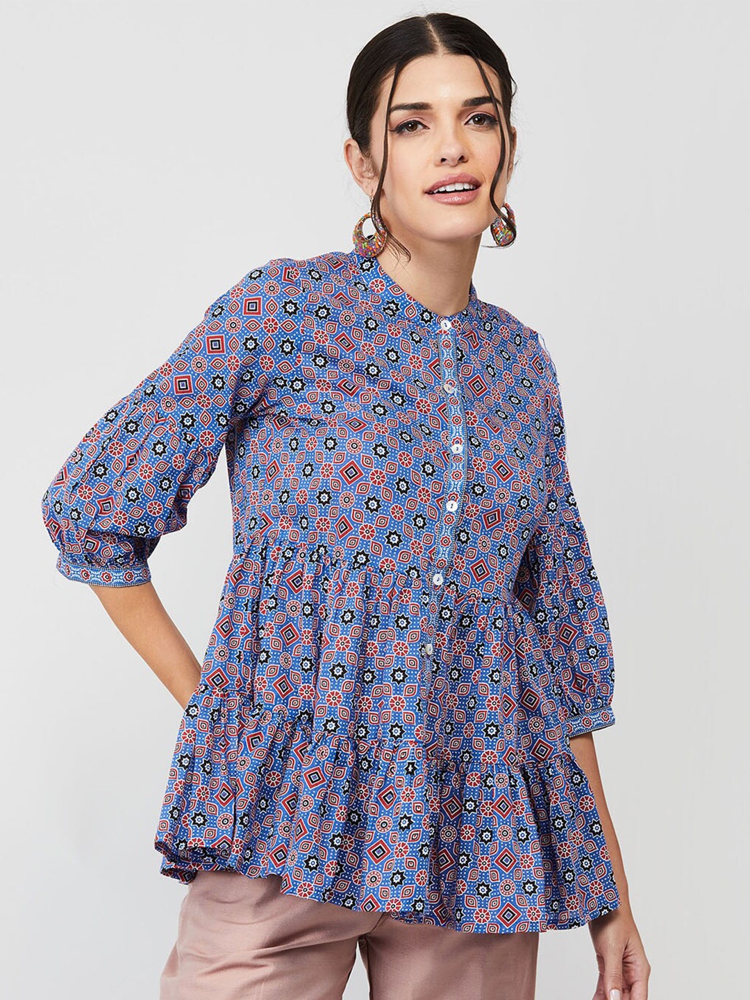 

Melange by Lifestyle Women Floral Printed Mandarin Collar Tiered Cotton Tunic, Blue