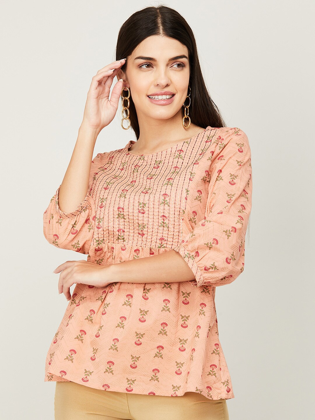 

Melange by Lifestyle Women Floral Printed Cotton Tunic, Peach