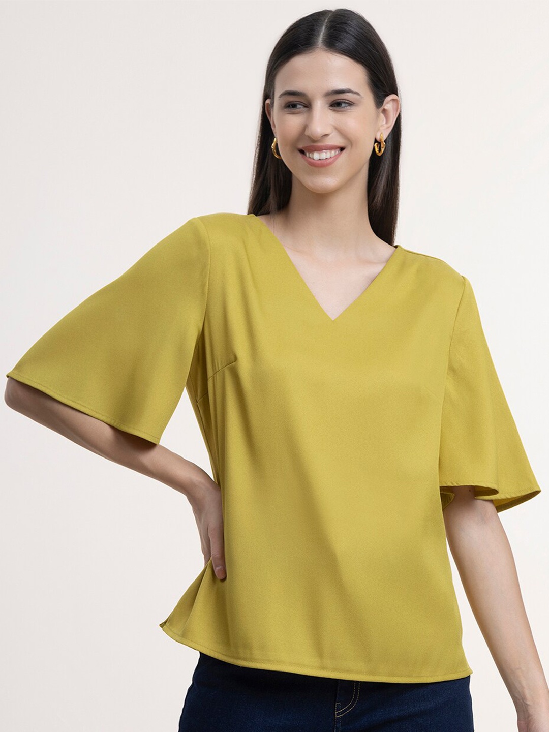 

FableStreet Women Green Solid Bell SleevesTop