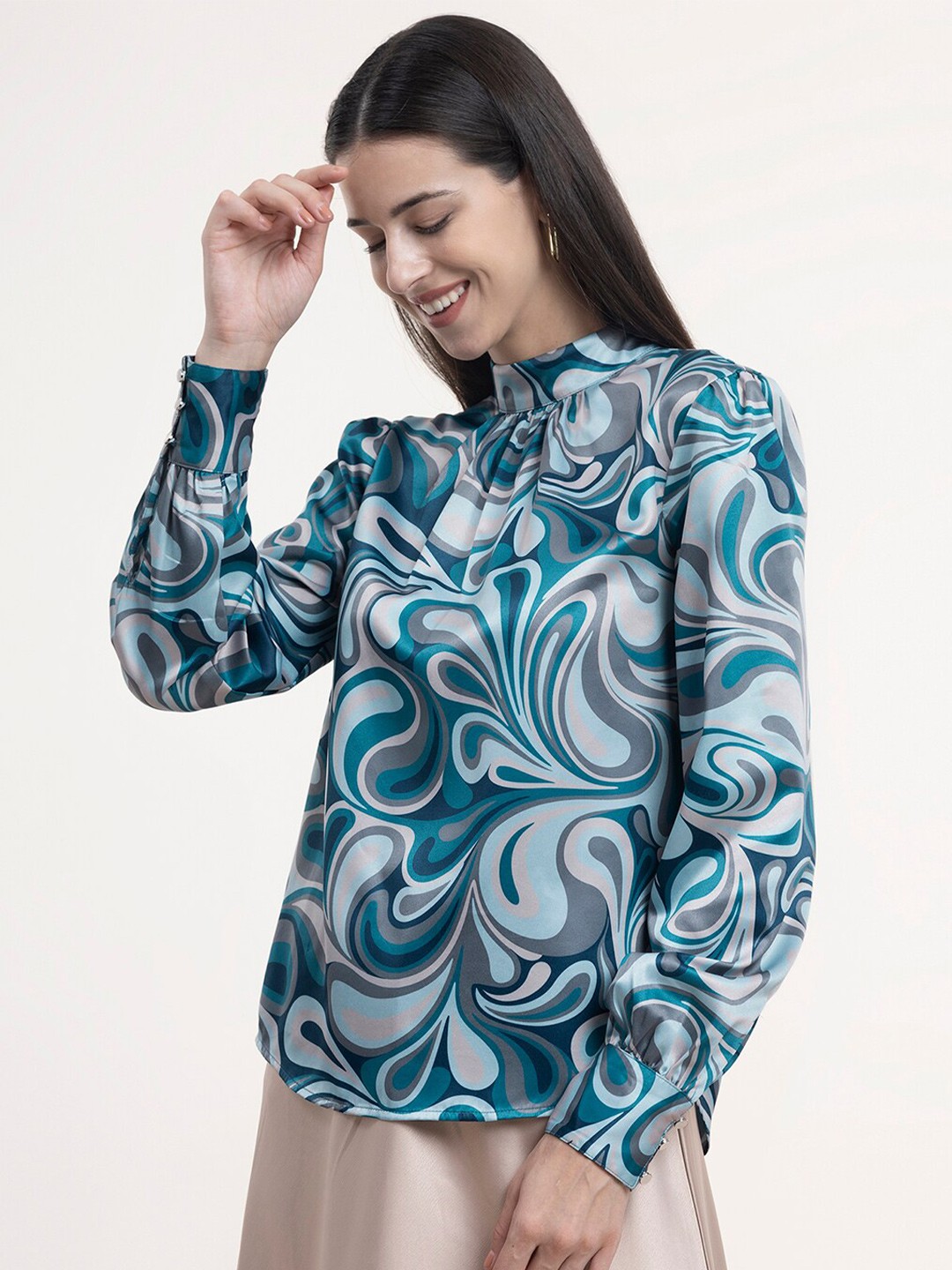 

FableStreet Teal Tropical Print Satin Shirt Style Top