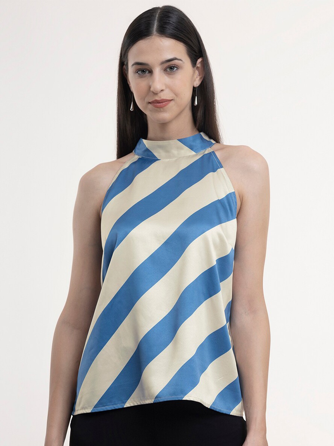 

FableStreet Beige Striped Satin Top