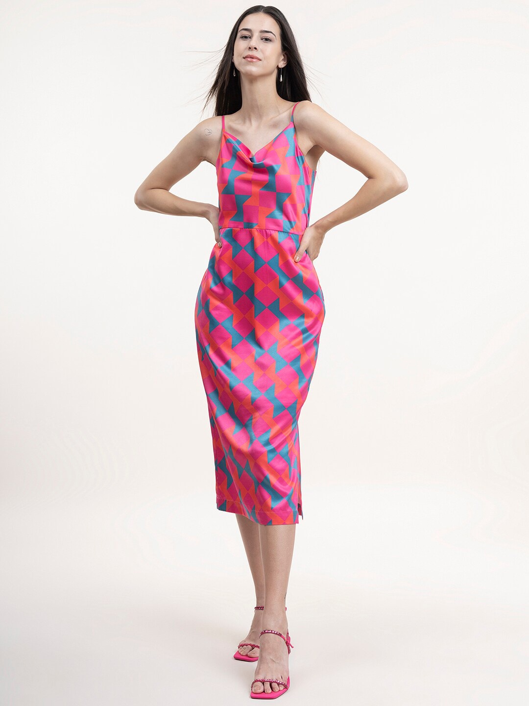 

FableStreet Fuchsia Satin Formal Sheath Midi Dress