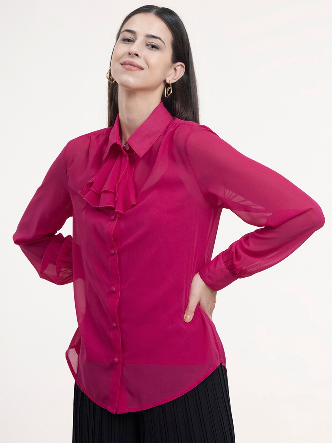 

FableStreet Women Fuchsia Comfort Semi Sheer Casual Shirt