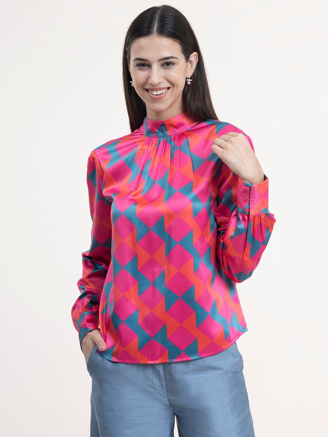 

FableStreet Fuchsia Geometric Print Satin Top
