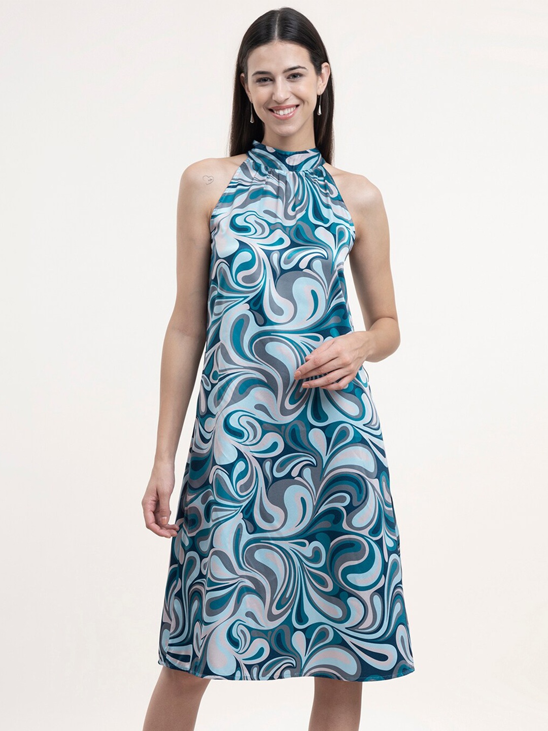 

FableStreet Teal Tropical Satin Formal A-Line Midi Dress