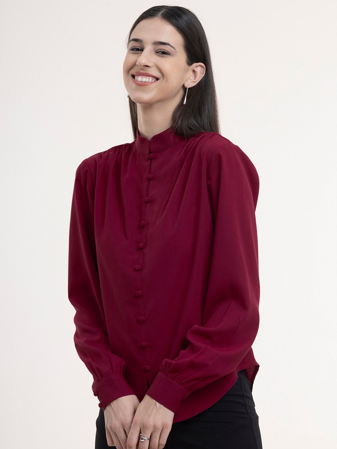 

FableStreet Red Mandarin Collar Georgette Shirt Style Top