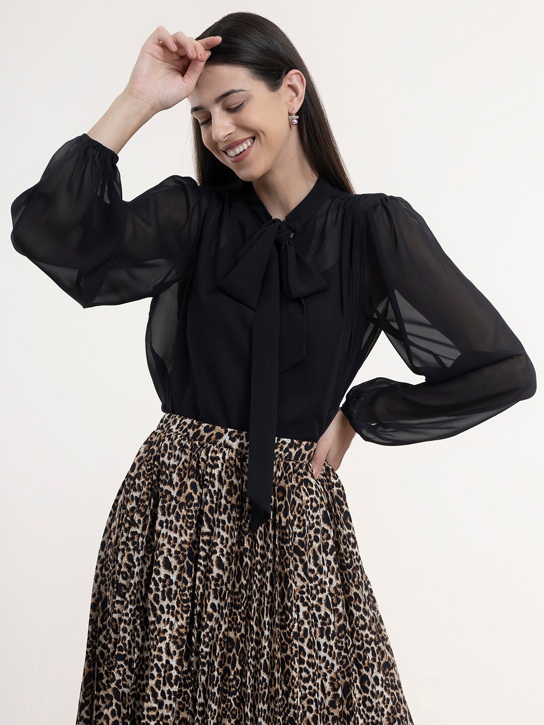 

FableStreet Black Tie-Up Neck Georgette Top