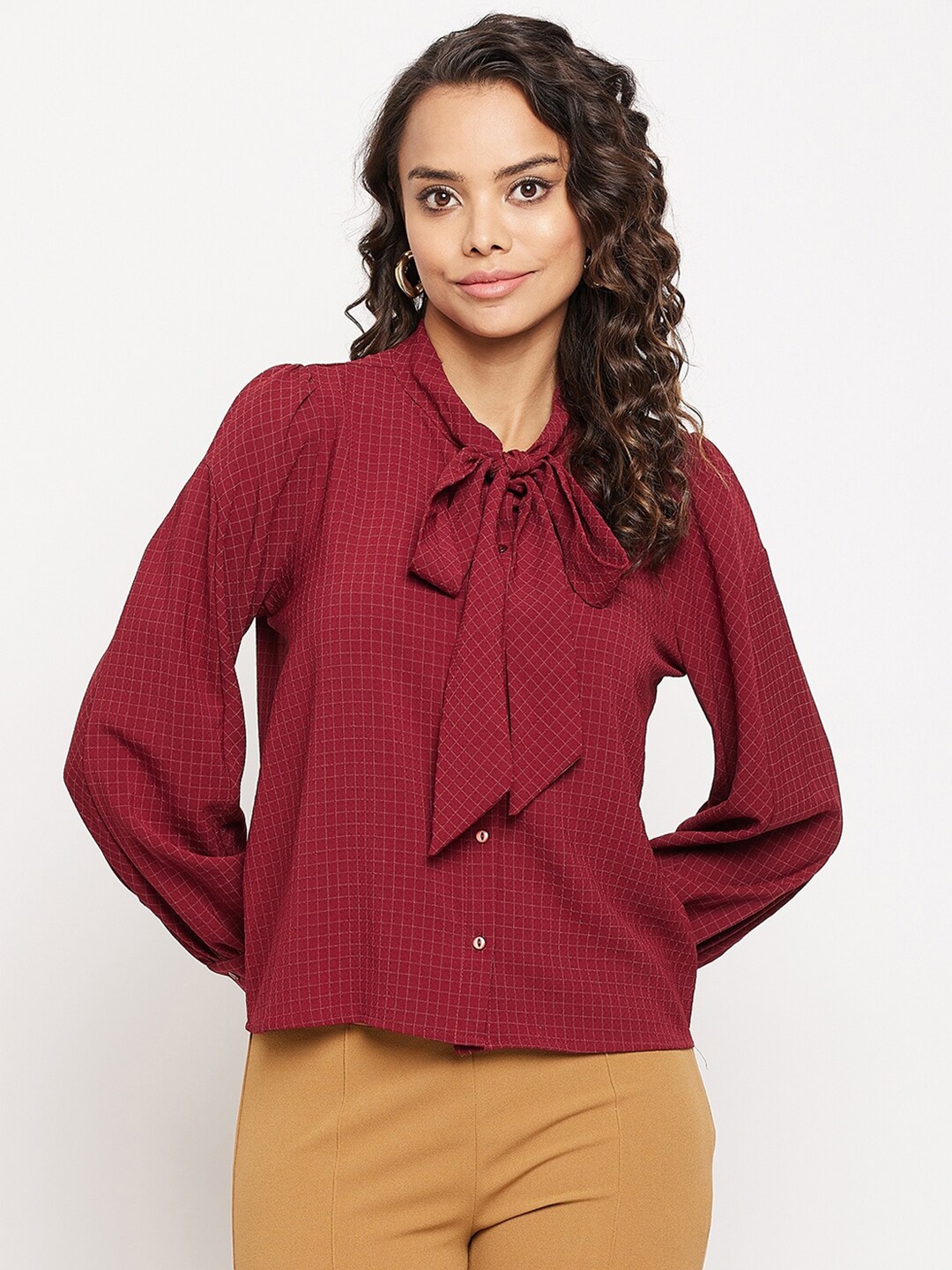 

Madame Women Maroon Checked Casual Shirt