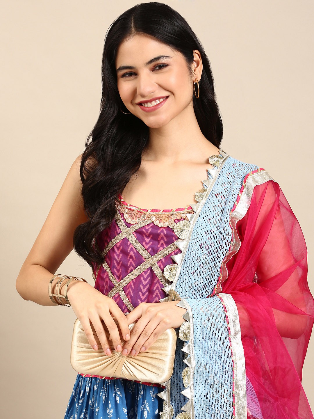 

SHOWOFF Women Blue Floral Printed Tiered Gotta Patti Kurta with Sharara & Dupatta
