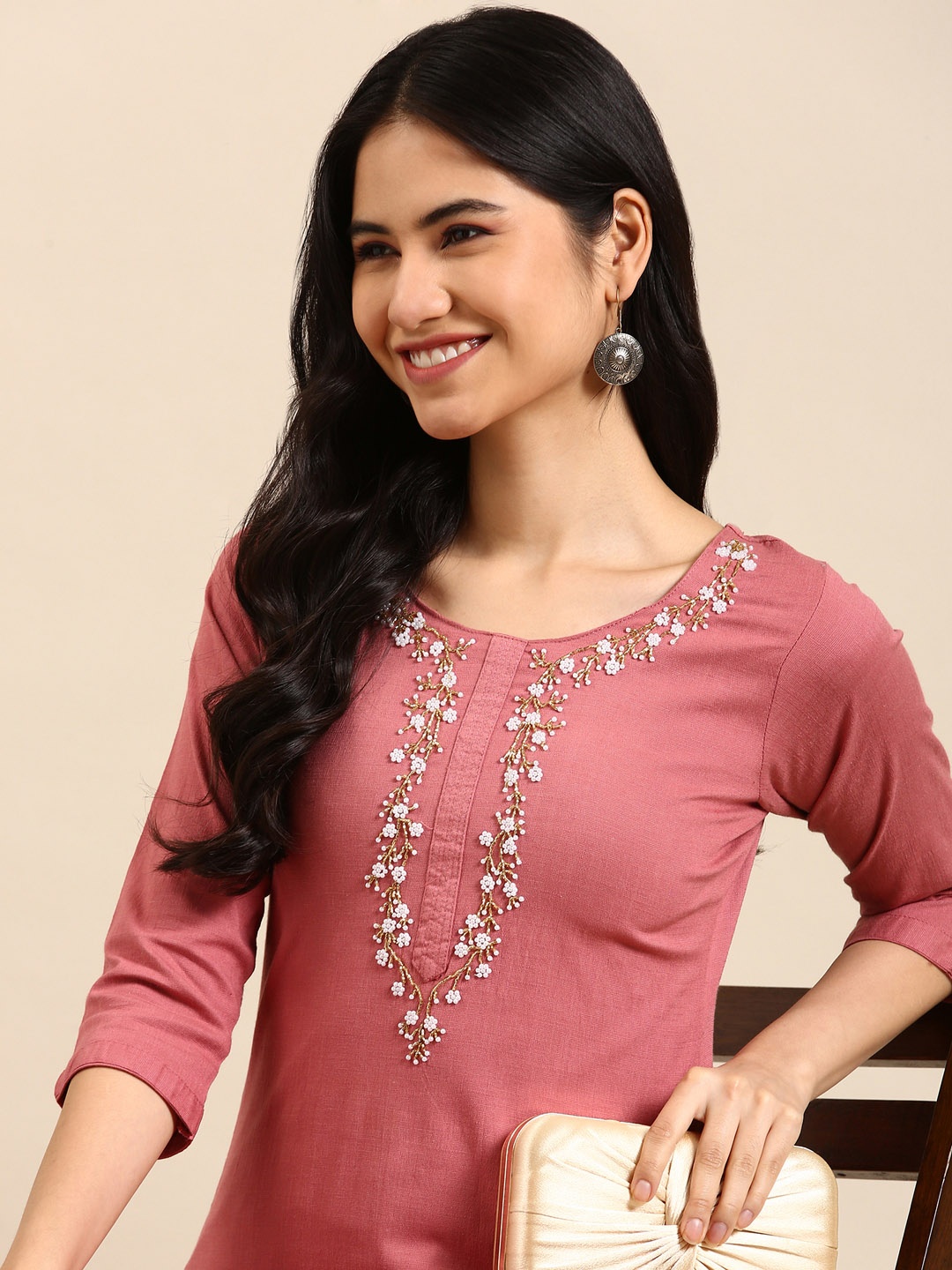 

SHOWOFF Women Pink Beads and Stones Chanderi Cotton Straight Kurta with Trousers