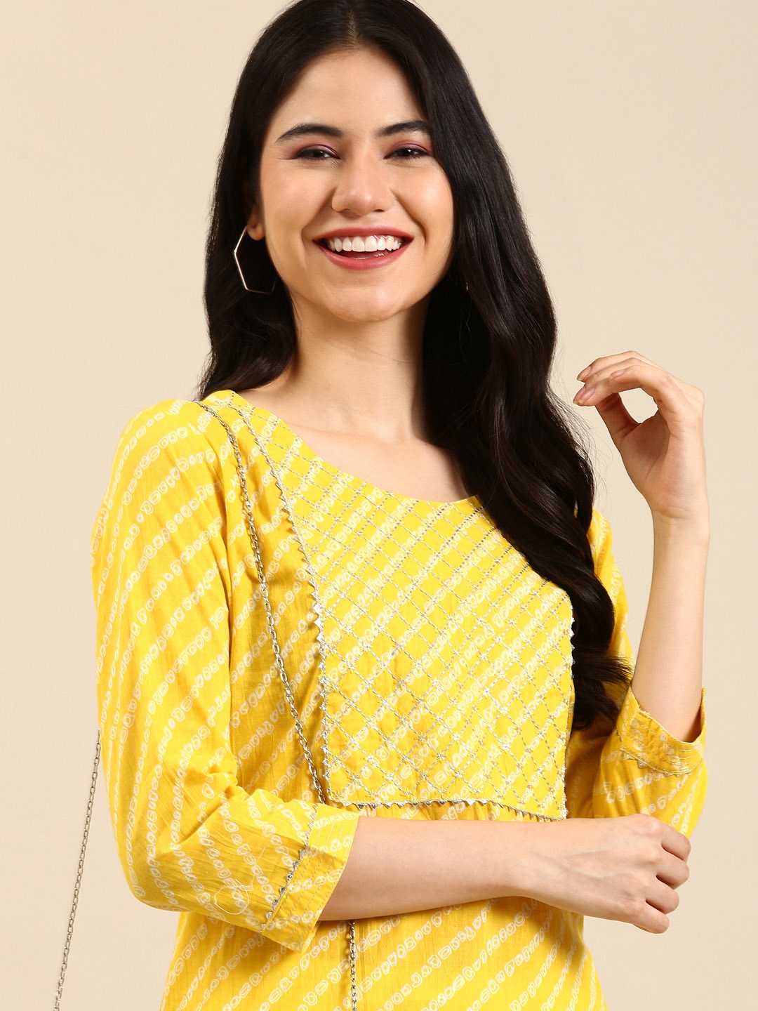 

SHOWOFF Women Yellow Yoke Design Kurta with Trousers