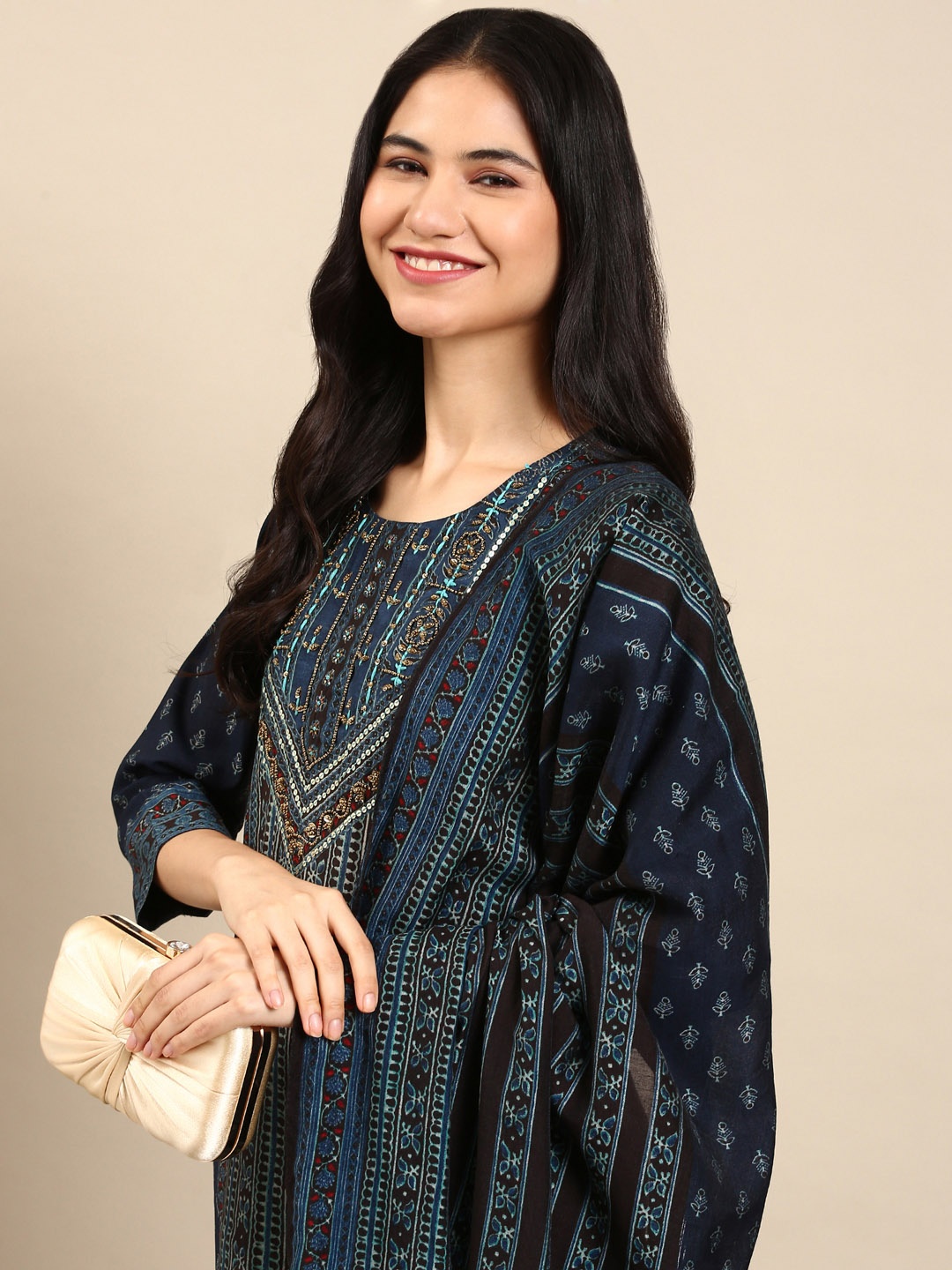 

SHOWOFF Women Navy Blue Ethnic Motifs Printed Empire Sequinned Kurta with Trousers & With Dupatta