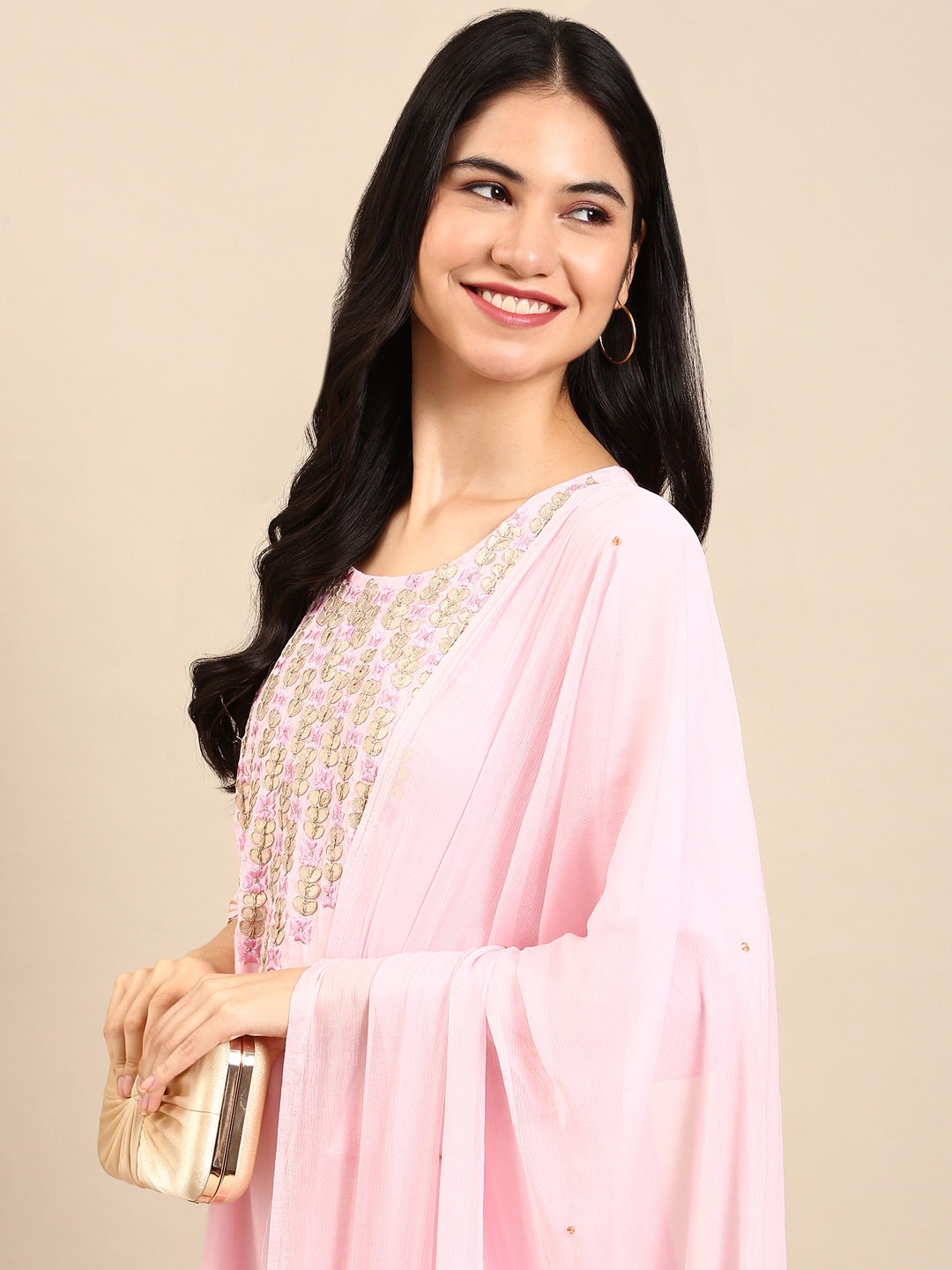 

SHOWOFF Women Pink Embroidered Empire Gotta Patti Silk Crepe Kurta with Sharara & With Dupatta