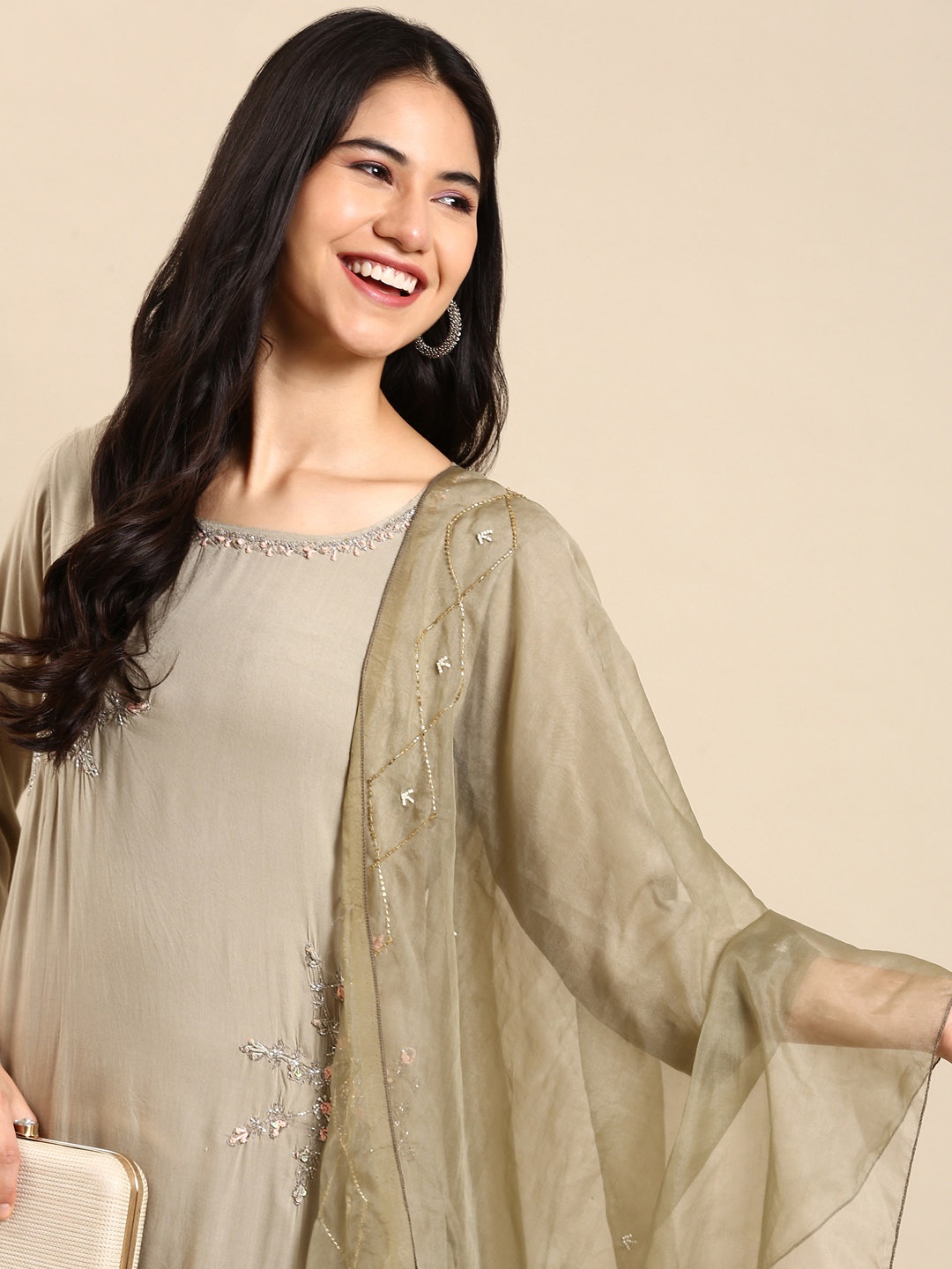 

SHOWOFF Women Olive Green Ethnic Motifs Empire Zardozi Kurta with Trousers & With Dupatta