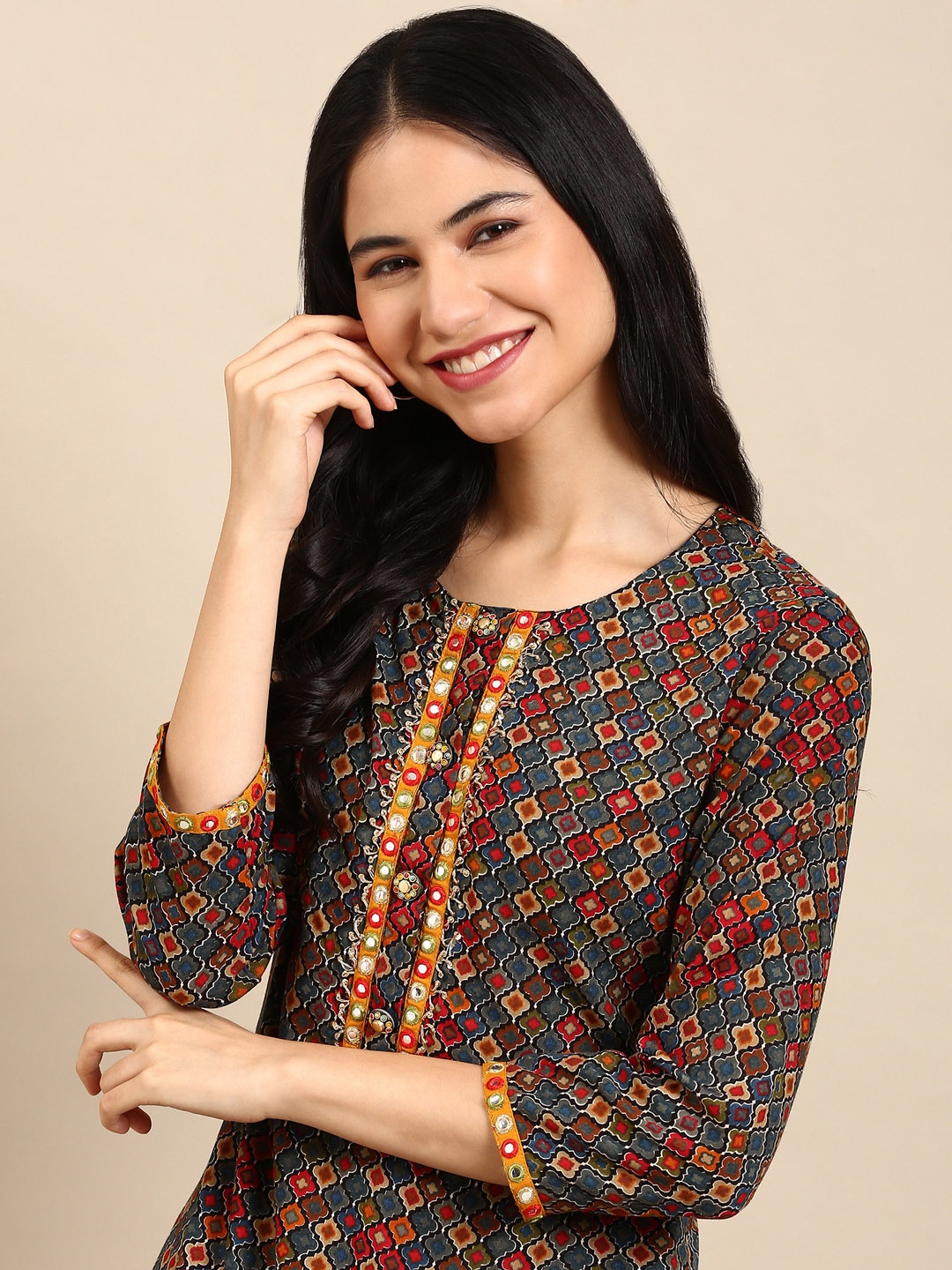 

SHOWOFF Women Multicoloured Printed Empire Mirror Work Kurta with Palazzos, Multi