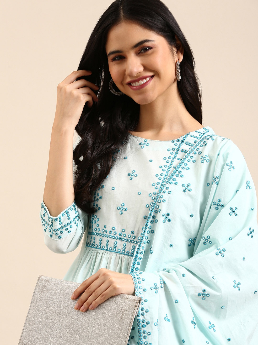

SHOWOFF Women Blue Mirror Work Kurta with Trousers & With Dupatta