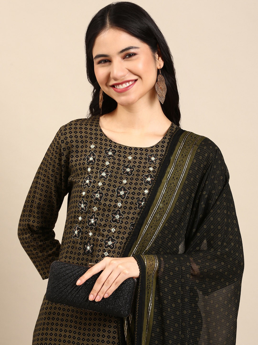 

SHOWOFF Women Olive Green Printed Aari Work Kurta with Trousers & With Dupatta