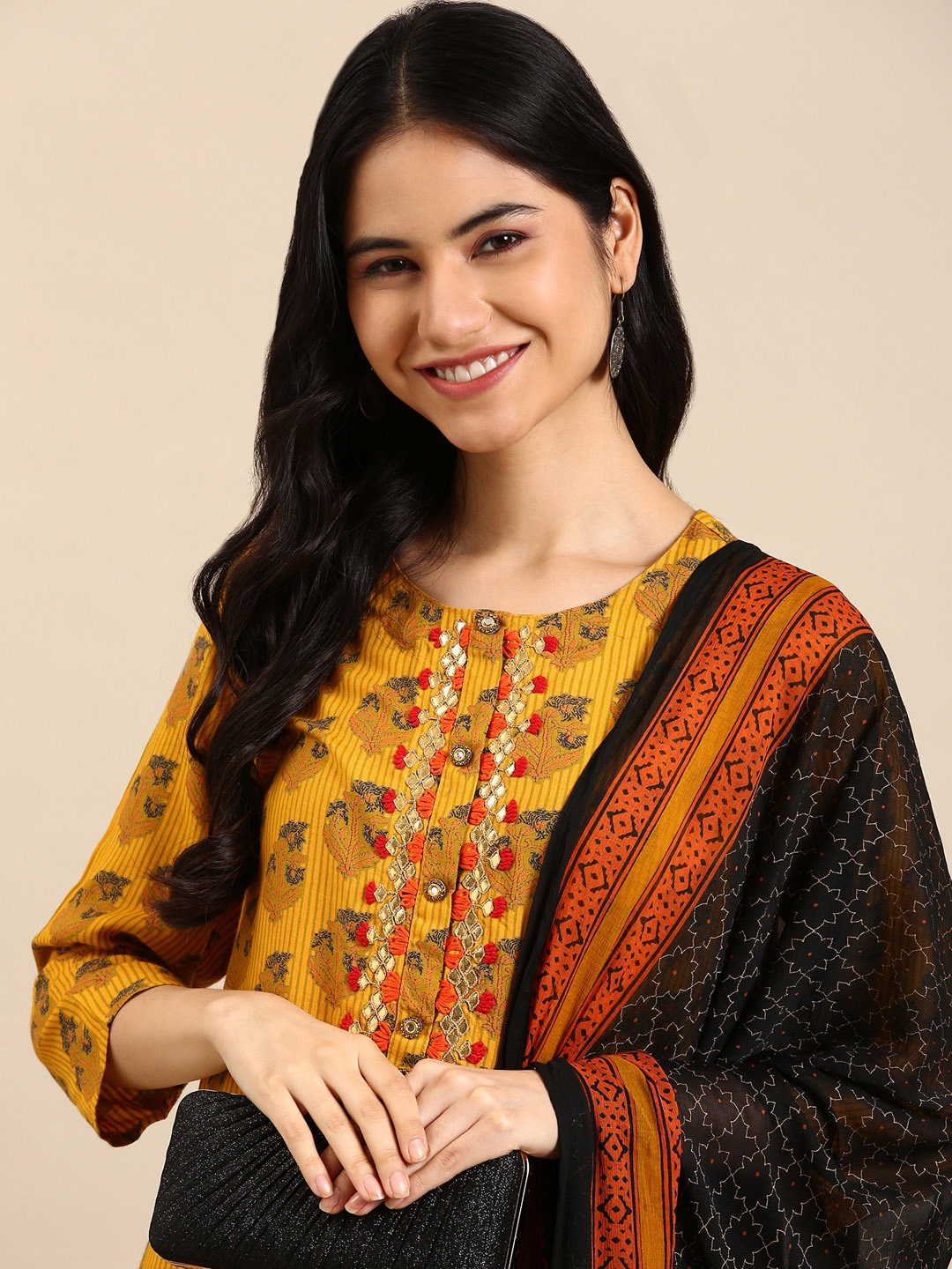 

SHOWOFF Women Mustard Yellow Floral Striped Gotta Patti Kurta with Palazzos & With Dupatta