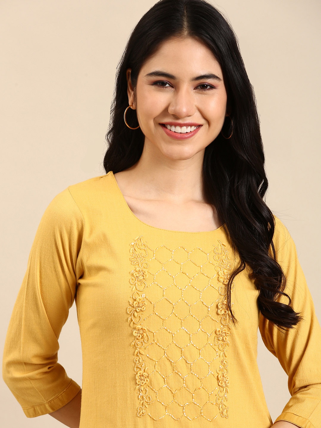 

SHOWOFF Women Yellow Beads and Stones Kurta with Trousers