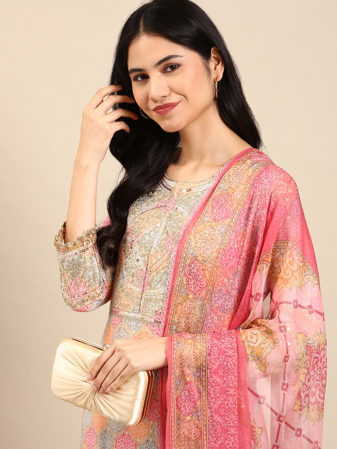 

SHOWOFF Women Pink Colourblocked Empire Chanderi Cotton Kurta with Trousers & With Dupatta