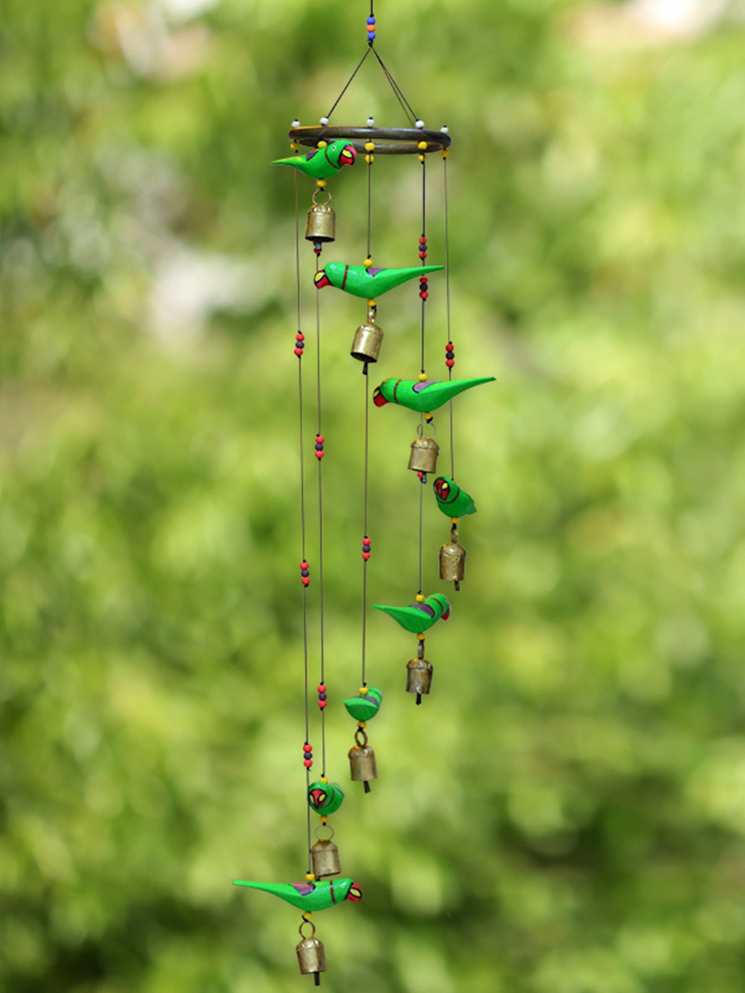 

ExclusiveLane Green Wooden Handpainted Decorative Hanging Windchime With Parrot