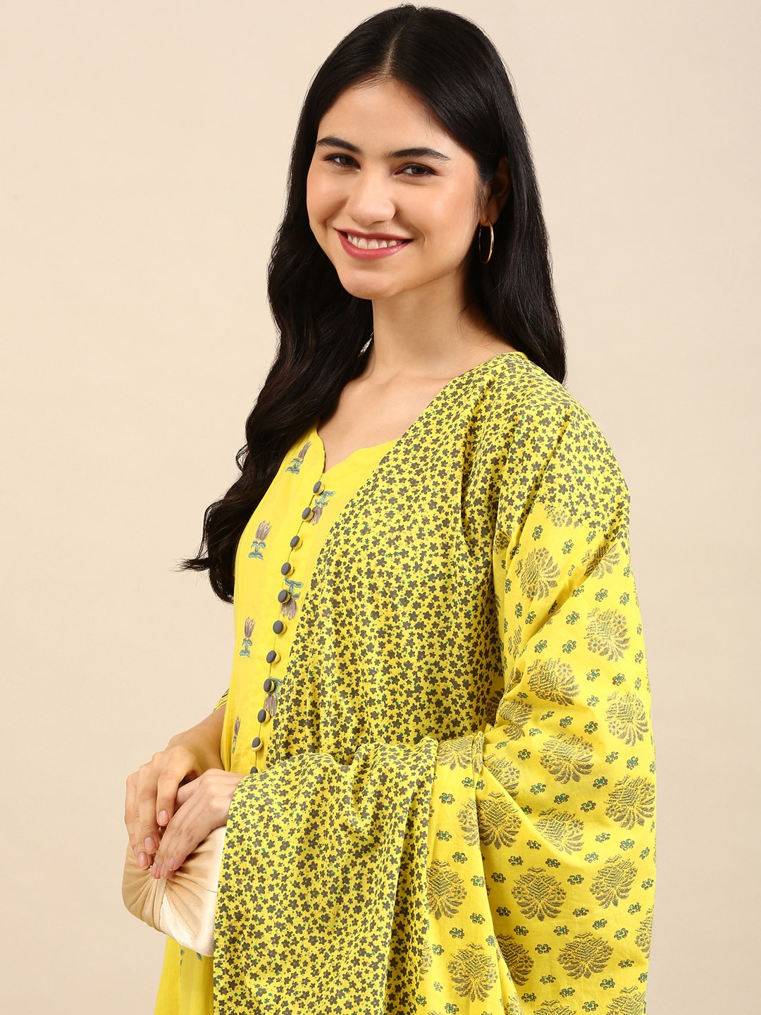 

SHOWOFF Women Yellow Floral Printed Empire Chanderi Cotton Kurta with Skirt & With Dupatta