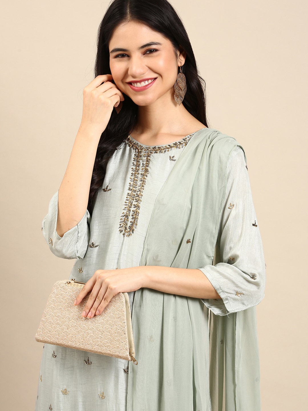 

SHOWOFF Women Sea Green Empire Zardozi Kurta with Sharara & With Dupatta