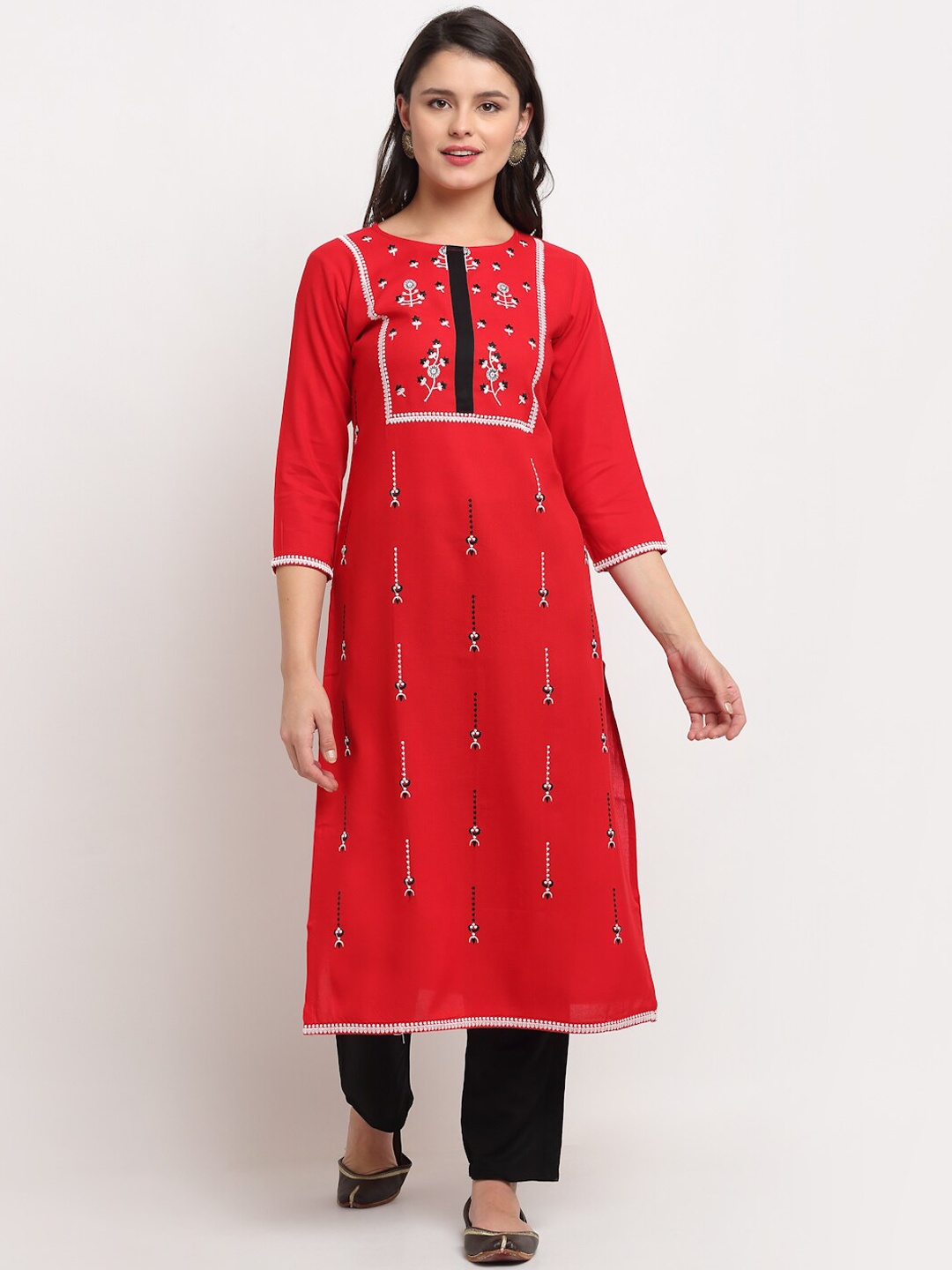 

The Mini NEEDLE Women Red Embroidered Kurta with Trousers