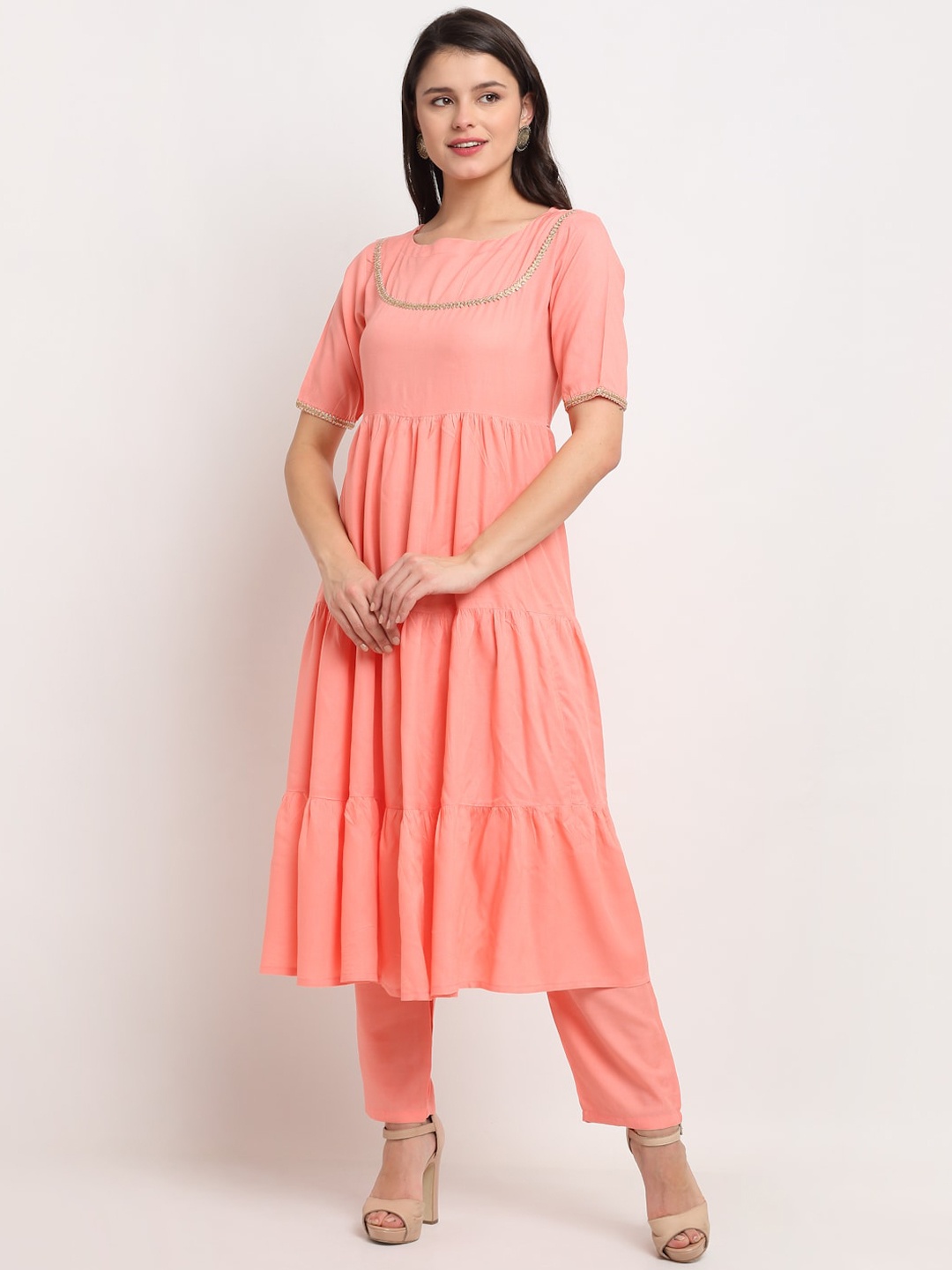 

The Mini NEEDLE Women Peach-Coloured Empire Kurta with Trousers