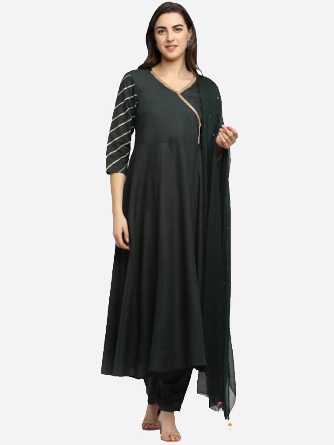 

The Mini NEEDLE Women Green Pleated Kurta with Trousers & With Dupatta