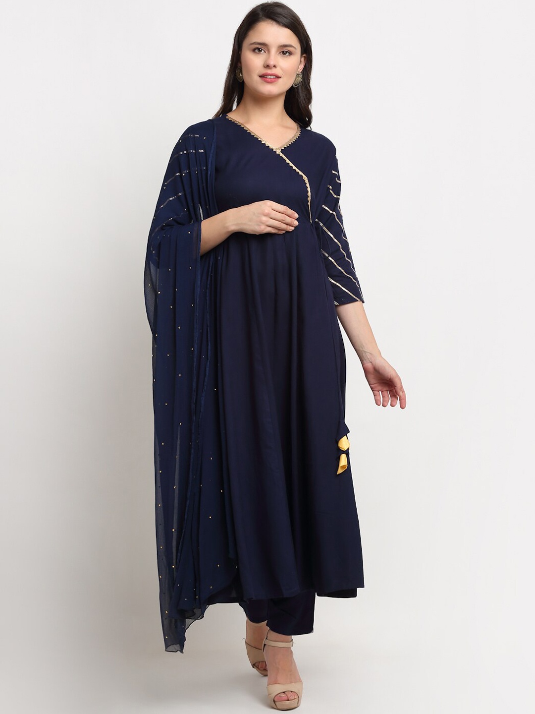 

The Mini NEEDLE Women Blue Pleated Kurta with Trousers & With Dupatta