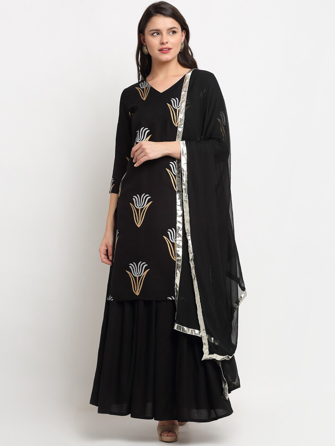 

The Mini NEEDLE Women Black Floral Printed Kurta with Skirt & With Dupatta